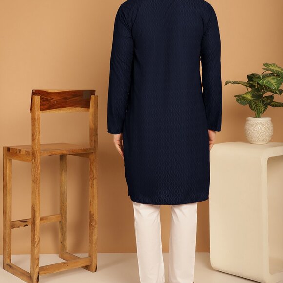 Men's Cotton Chikankari Navy Blue  Regular Fit Kurta Pyjama Set - Picture 3 of 7